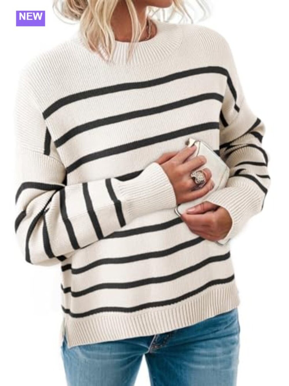 Oversized Striped Sweater Pullover Crewneck Drop Shoulder Color Block
